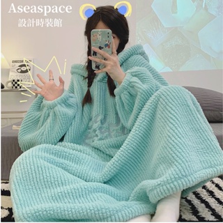 aseaspace·秋冬季珊瑚絨睡衣女連身加厚寬鬆法蘭絨睡裙可外穿保暖長袖帶帽家居服裙子