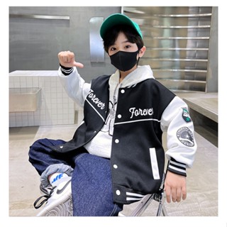 120-170CM 秋冬裝兒童棒球服 中大男童字母印花刷毛鈕扣小外套外套