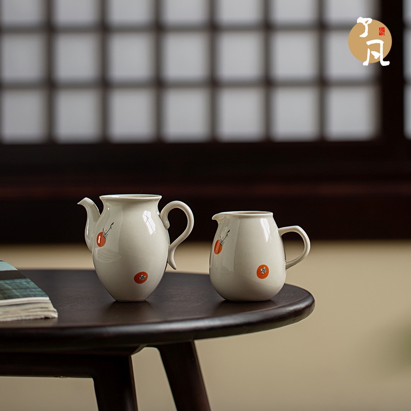 【了凡】草木灰日式陶瓷公道杯 創意柿柿如意釉上彩分茶器 帶把茶海功夫茶具