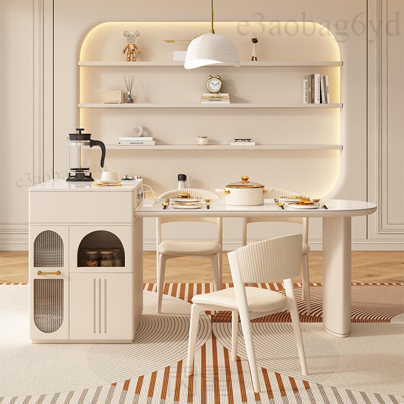 新品 法式奶油風可伸縮半圓中島台餐桌一體家用小戶型高端網紅飯桌椅