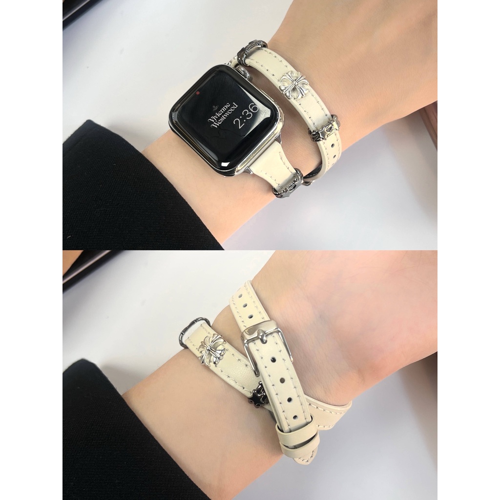 克羅心雙圈皮革錶帶 適用於 Apple Watch S9/8/Ultra 2/7/6/se2/4 蘋果智能手錶配件 女生
