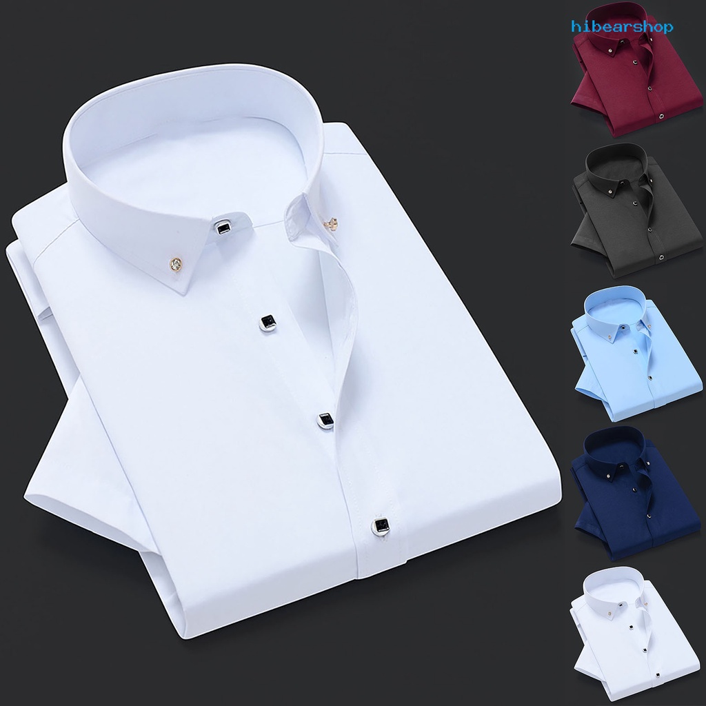 [HIBE] 男士夏季素色鑽石鈕扣商務休閒職業短袖襯衫