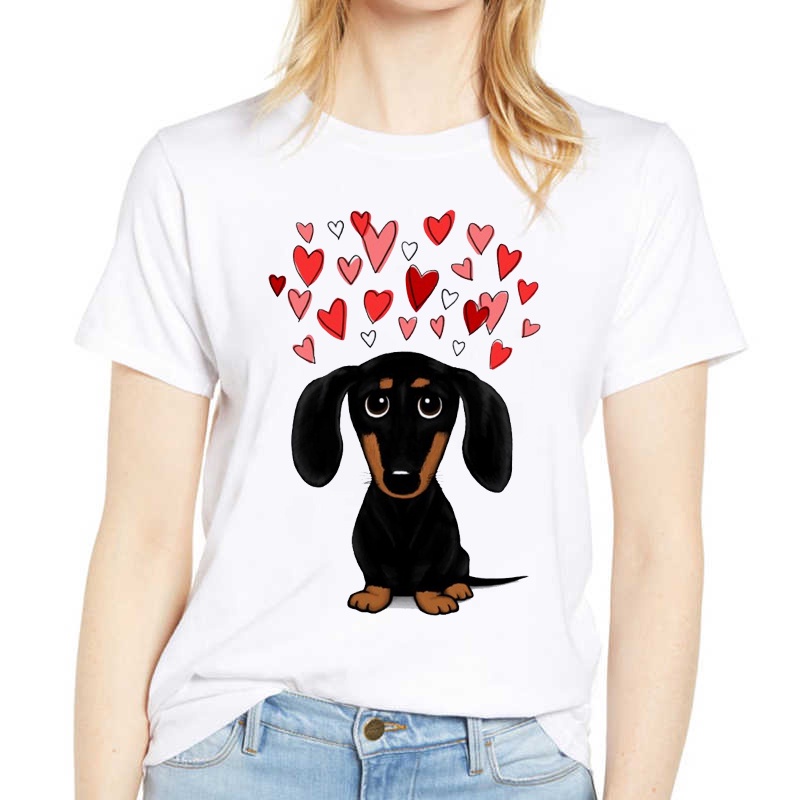 tushavip8888 可愛臘腸犬T恤夏季可愛臘腸犬小狗動物情侶裝短袖T恤女
