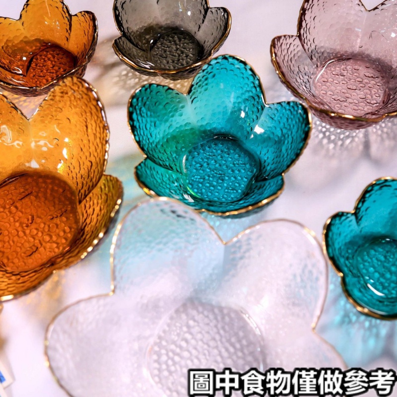 現貨✿醬料碟✿ 創意日式金邊花瓣碗彩色櫻花碟錘紋透明玻璃碗家用水果碗果盤餐具