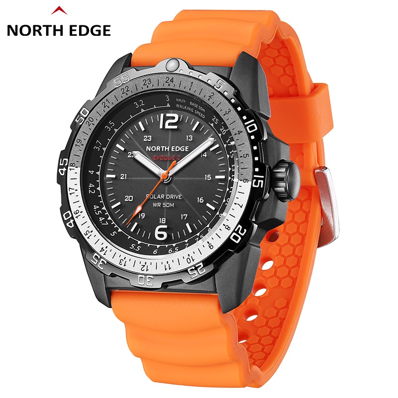 【現貨】NORTH Edge EVOQUE2 男士太陽能原裝數字手錶防水 50M 模擬戶外運動手錶男士指南針倒計時秒錶