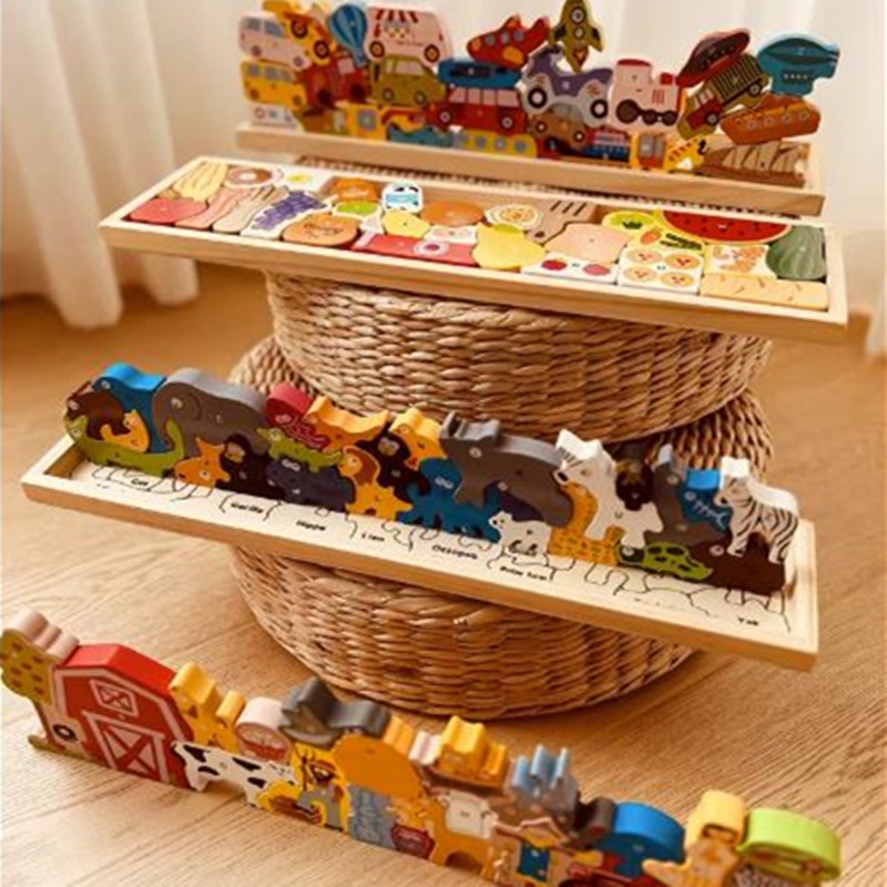 卡通交通動物立體拼圖 拼板木質 兒童寶寶玩具 木製早教益智玩具