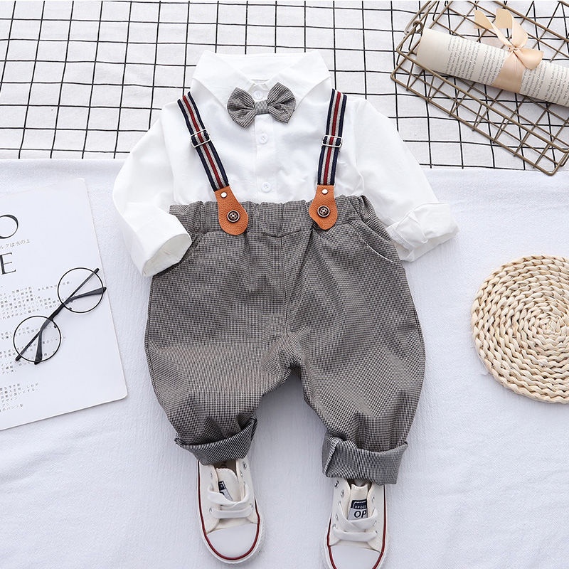 英倫風嬰兒衣服春裝套裝0一3歲男寶寶週歲禮服兒童揹帶褲兩件套潮