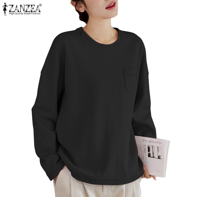 Zanzea 女式韓版時尚休閒圓領落肩長袖純色寬鬆運動衫