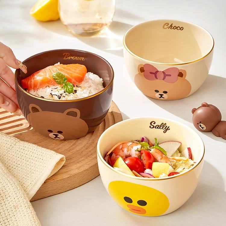 正版LINE FRIENDS 日式飯碗 熊大 莎莉 熊美 陶瓷 餐具碗 吃飯 專用 碗碟 套裝 家用 泡麵碗