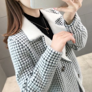 氣質西裝領上衣|仿水貂絨外套|潮流針織開衫|格子長袖外衣|短款針織上衣|格子衣服|短版開衫|設計感上衣|多巴胺女孩穿搭