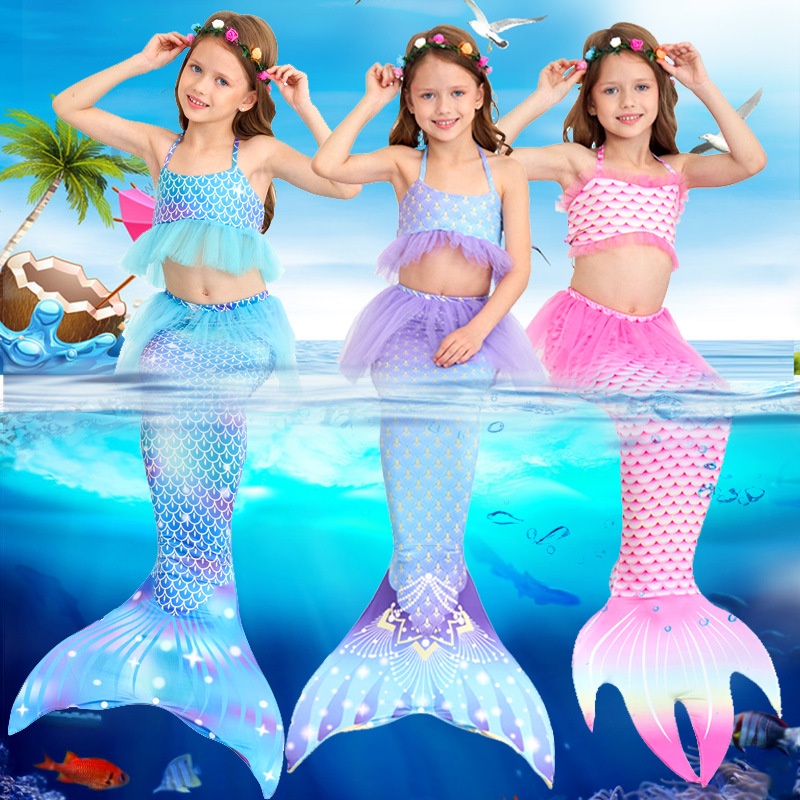 新款女童美人魚尾巴泳衣服裝小女孩比基尼美人魚泳衣3pcs(上衣+美人魚尾巴+內褲)