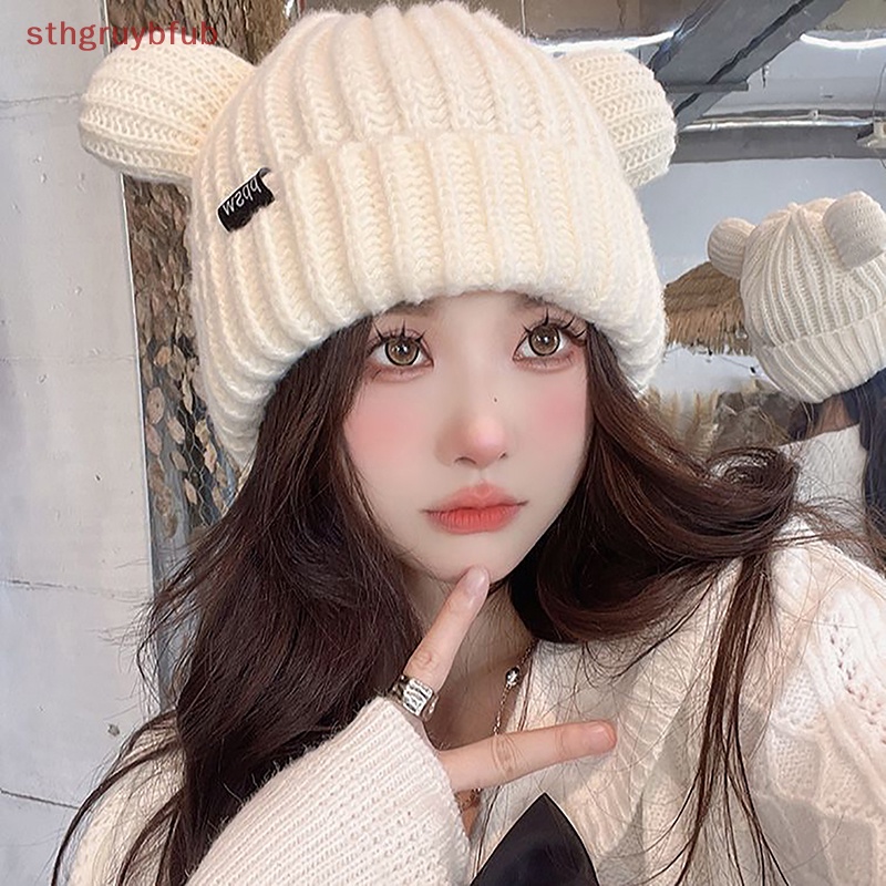 Sthb 可愛針織韓國羊毛帽酷女孩手工豆豆 Y2K 貓耳朵加厚帽子女柔軟原宿毛絨耳朵頭部保護 TW