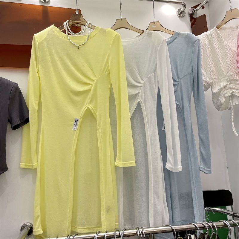 中長款開叉長袖T恤女韓版夏季新款小心機緊身百搭防晒運動罩衫