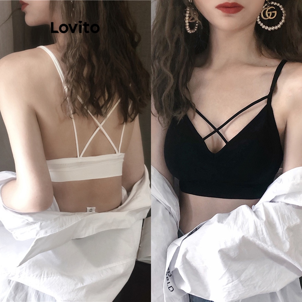 Lovito 女式休閒素色十字內衣 LNA38260 (灰色/白色/粉色/黑色)