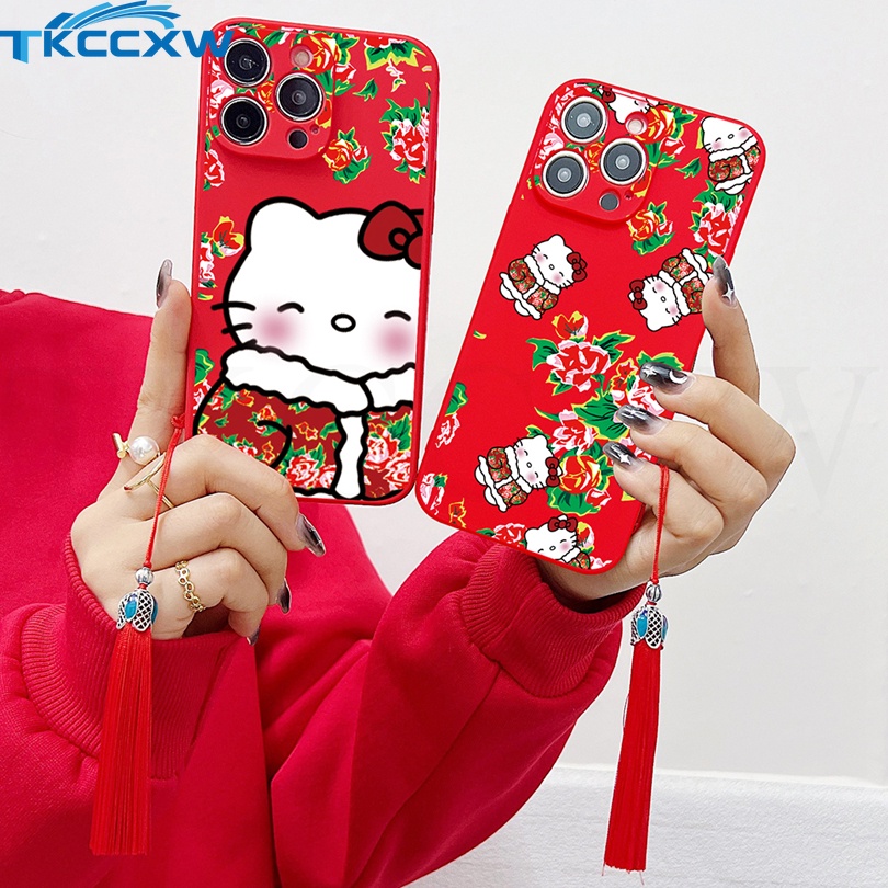 紅色 HelloKitty 中國花卉手機殼兼容 Redmi Note 12 11T 10 9 Pro+ Note 10S