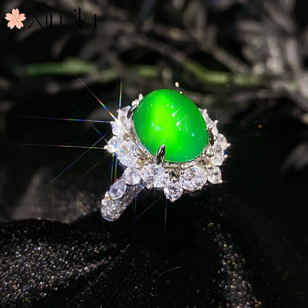 ♥ 氣質天然冰透綠玉髓瑪瑙滿鑽戒指女橢圓形精美飾品