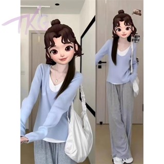 【小個子】小清新藍色溫柔風長袖T恤女上衣2025春季新款假兩件設計感內搭打底 小個子女裝 t恤小個子 長袖t恤「TKG」