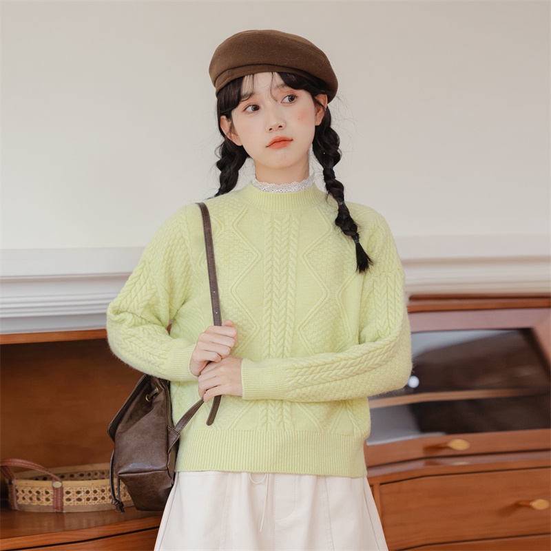 韓版少女假兩件蕾絲領可愛減齡通勤保暖單穿打底百搭毛衣針織衫女