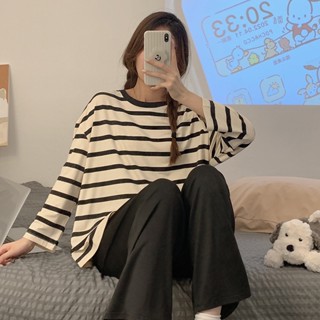 睡衣女春秋長袖2023年新款學生可愛兩件套家居服韓版條紋女士套裝