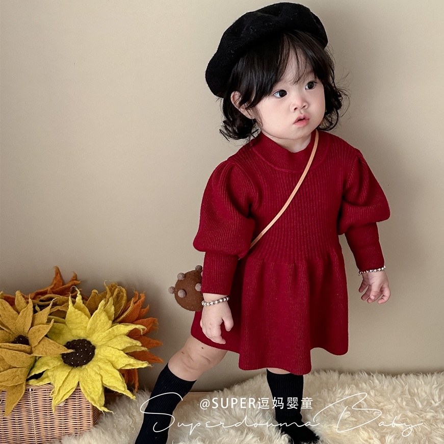 秋冬季女童針織洋裝1-3歲女寶寶公主針織毛衣裙寶寶嬰兒長袖裙