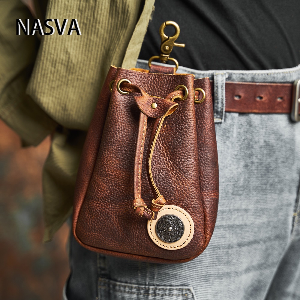 NASVA真皮復古腰包抽繩男式腰包手機袋機車包可穿戴腰帶頭層牛皮包