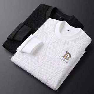 春秋保暖男士連帽衫圓領潮牌刺繡打底衫男秋季上衣寬鬆長袖T恤