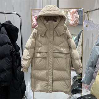 2023年秋冬新款反季羽絨服女中長款連帽寬鬆加厚保暖白鴨絨外套