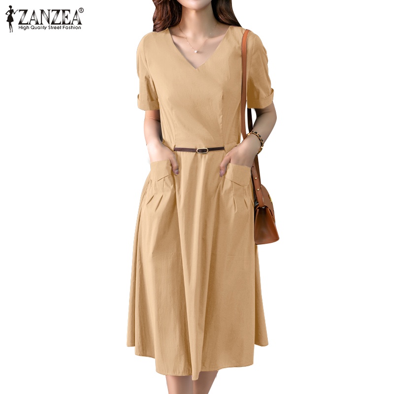 Zanzea 女式韓版純色 V 領短袖側袋連衣裙