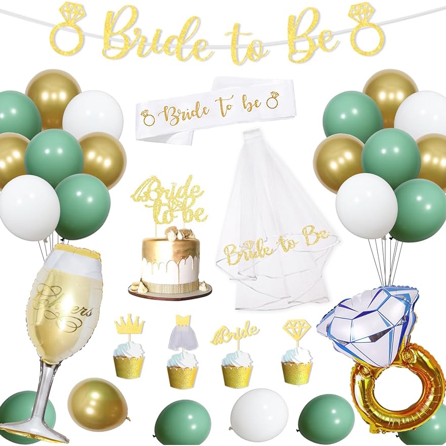 Cheereveal 鼠尾草綠色新娘將成為裝飾 - 新娘成為橫幅、蛋糕裝飾、新娘成為面紗和腰帶、鑽石戒指和酒杯箔氣球,適