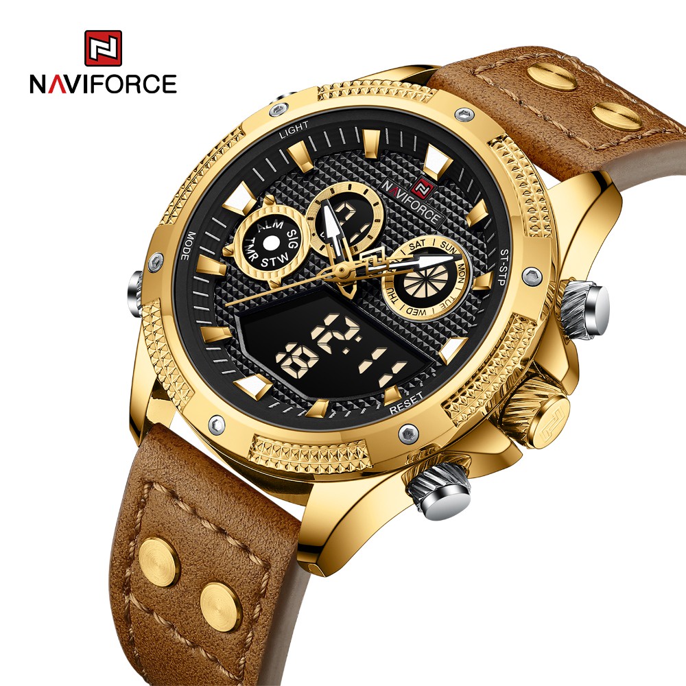 Naviforce 9224 豪華男士手錶石英數字軍事運動原裝真皮商務手錶