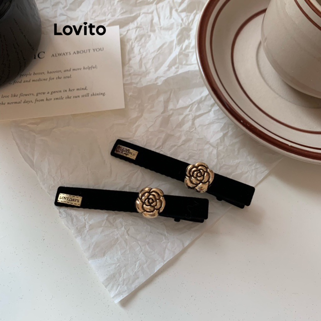 Lovito 女士休閒素色花朵髮夾 LFA03131 (黑色)