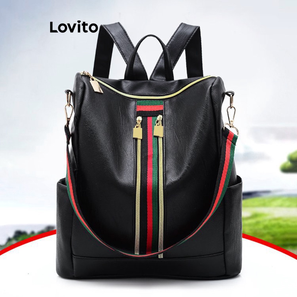 Lovito 女士休閒條紋基本款背包 L69AD069 (黑色)