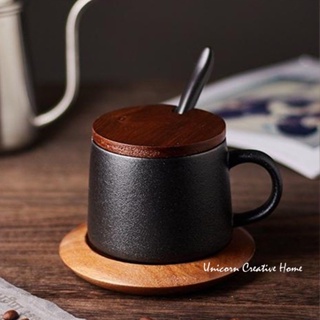 歐式簡約陶瓷杯 帶蓋勺黑色磨砂咖啡杯 馬克杯配底座 創意馬克杯 咖啡廳水杯