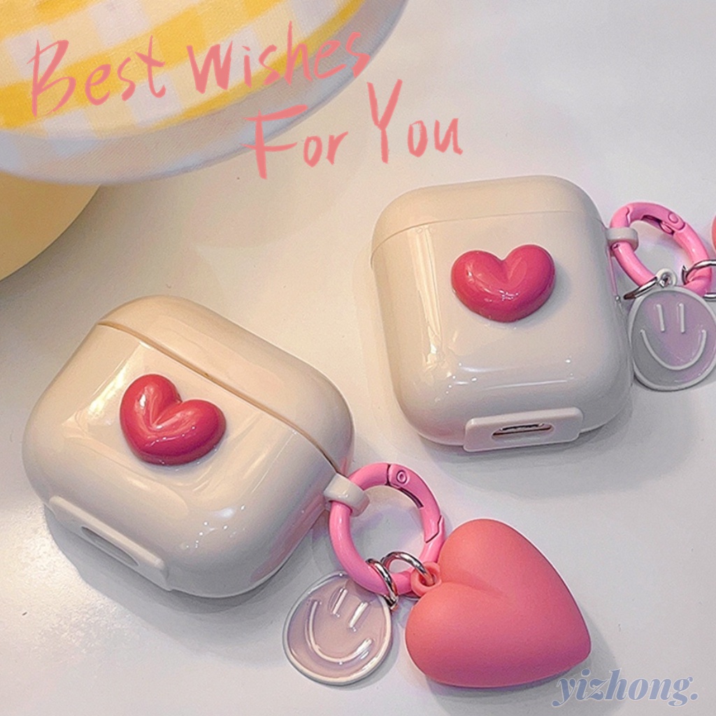 Airpods Pro 2 3 1 少女甜美粉色愛心裝飾米色軟TPU耳機套耳塞套帶防丟笑臉挂件無線耳機保護殼