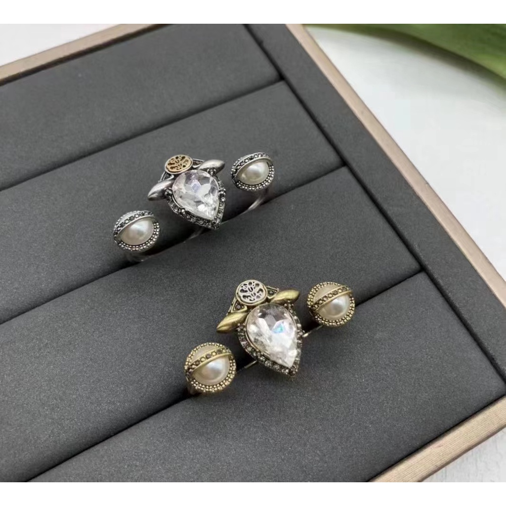 『Boutique Spot』 MQ 梨形鑽石珍珠戒指2個手指punk仿古色調金屬黃銅鍍金帶鋼印高品質韓國2023新款復