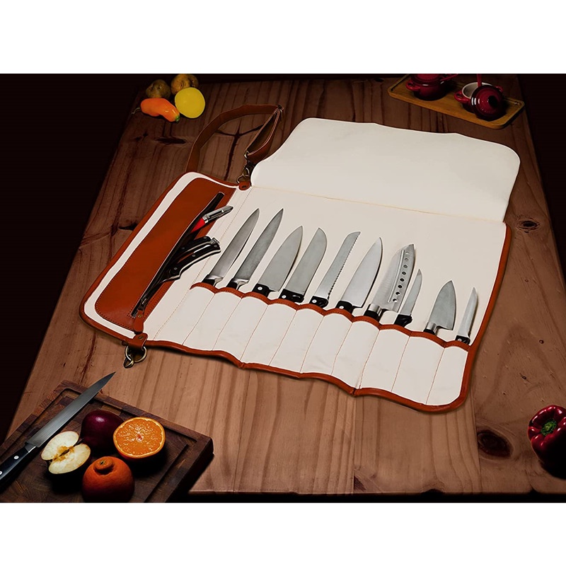 廚師刀具收納袋 真皮收納包 西餐廳皮革刀袋10件套手提刀具收納包