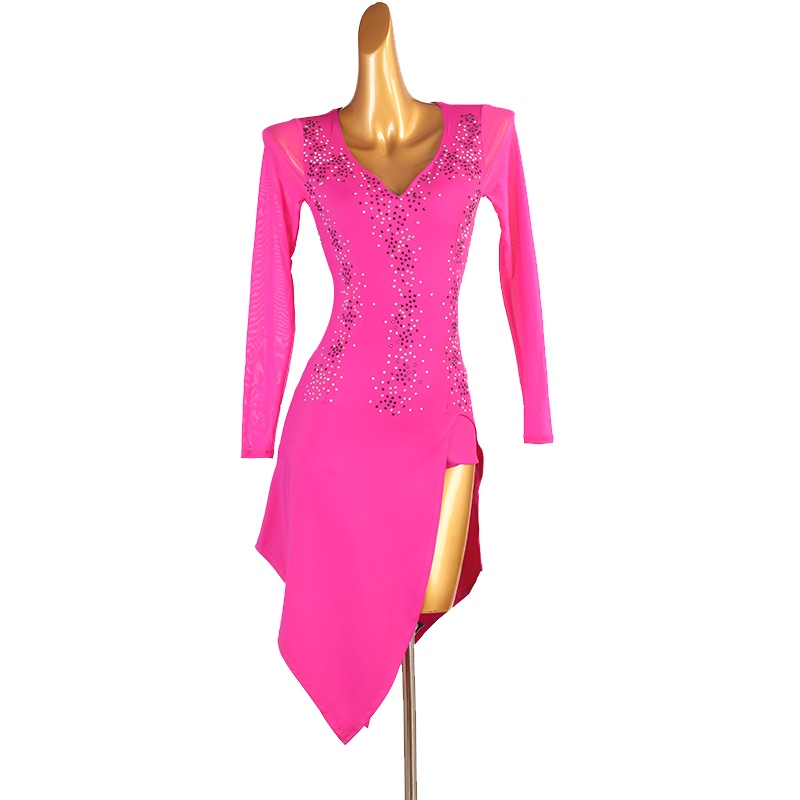 免費訂製 舞衣 新品拉丁舞表演服高級成人比賽服專業洋裝倫巴恰恰舞裙玫紅
