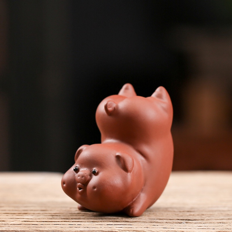 創意招財豬年吉祥物小石硯 可養茶寵紫砂擺件裝飾 萌豬造型茶寵 集藏收藏禮品