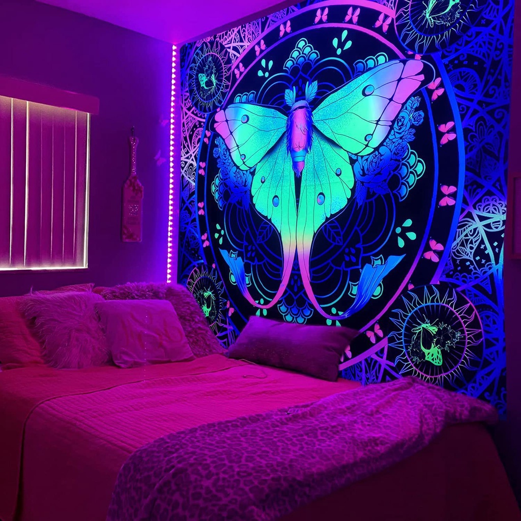 紫色壁掛蝴蝶黑光掛毯抽象迷幻掛毯月亮掛毯臥室美學牆地毯背景牆裝飾