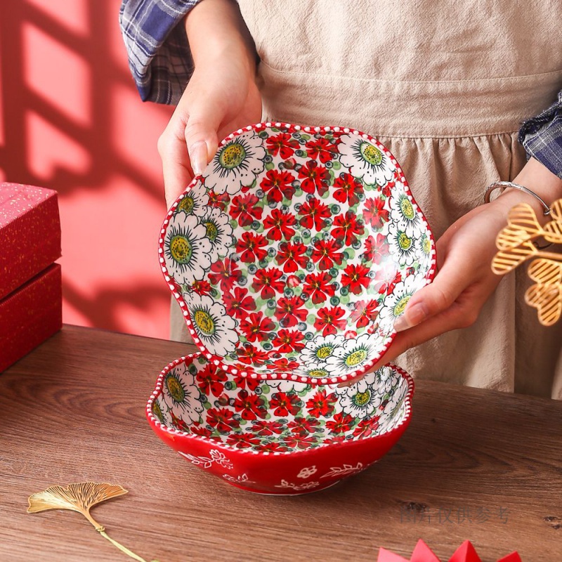 釉下彩陶瓷碗盤餐具紅漿果7英寸珠點六角梅花湯盤2個菜盤子家用