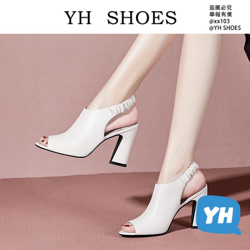 YH SHOES專櫃速髮厚底涼鞋女 魚口涼鞋 魚口鞋 楔型鞋 魚口高跟鞋 米白色真皮女粗跟後空露趾涼鞋女