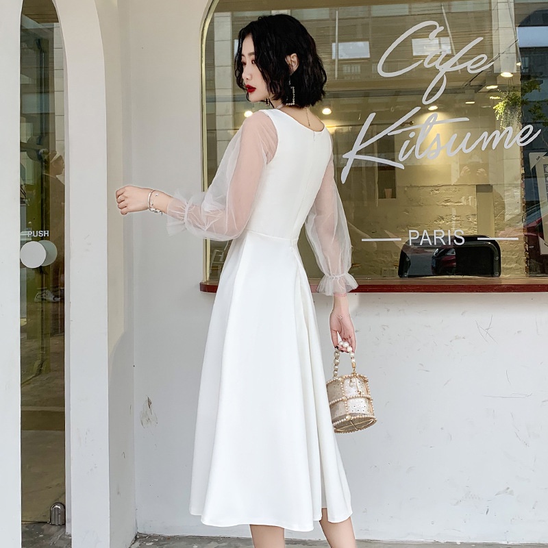 法式小禮服 宴會氣質 紗袖半透明 日常款仙女系白色短版洋裝禮服 仙氣 小個子洋裝