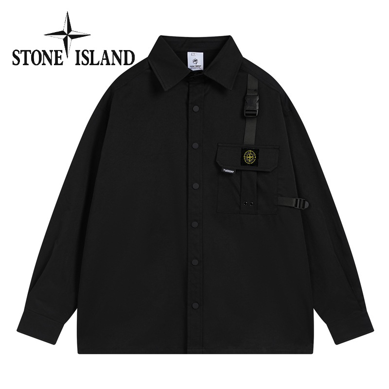 Baju Stone Island襯衫男士長袖襯衫男士復古工作服口袋背帶裝飾長袖襯衫男士時尚寬鬆休閒百搭情侶襯衫外套