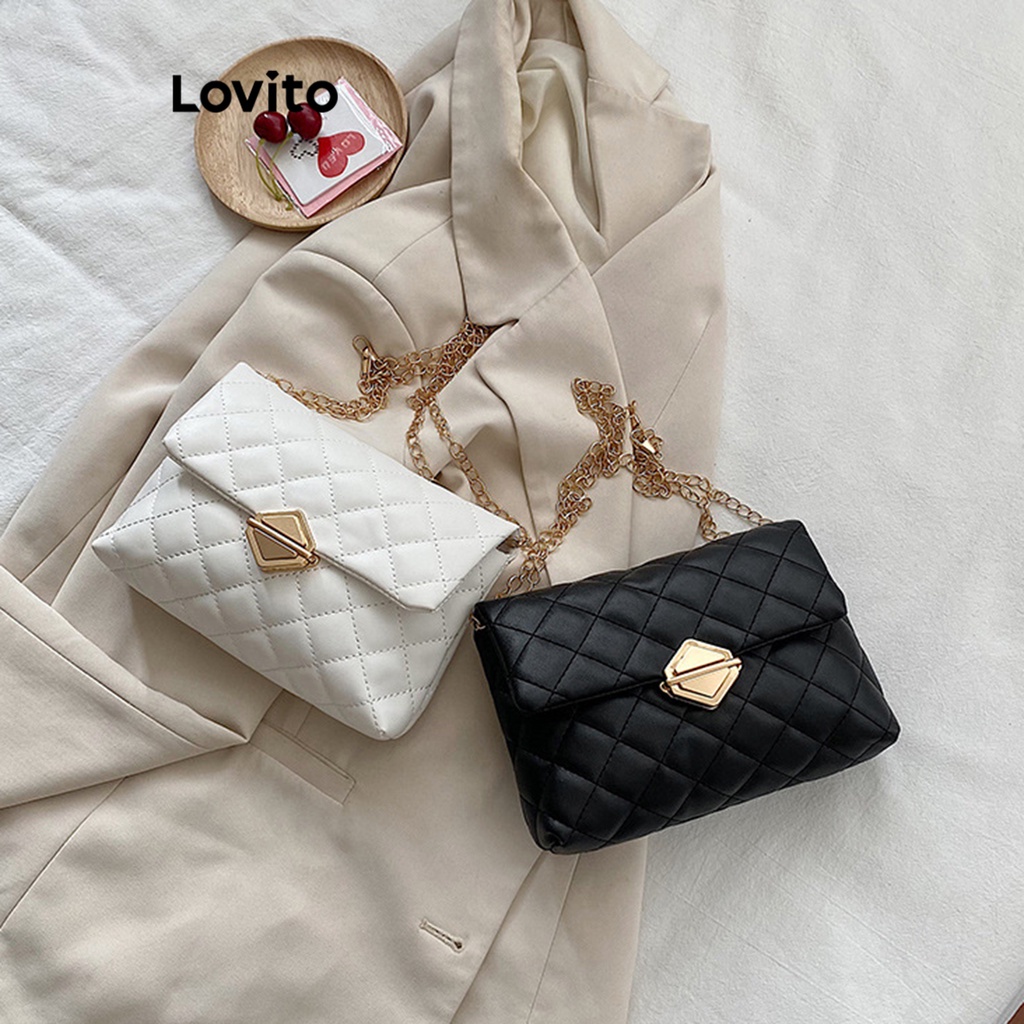 Lovito 女士休閒格紋加墊鏈條小號斜背包 LFA08121 (白色/黑色)