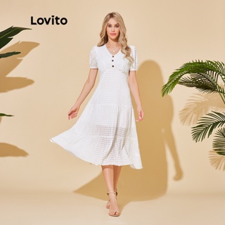 Lovito 波西米亞女式素色鈕扣荷葉邊領口分層襯裡連身裙 LBL06024 (白色)