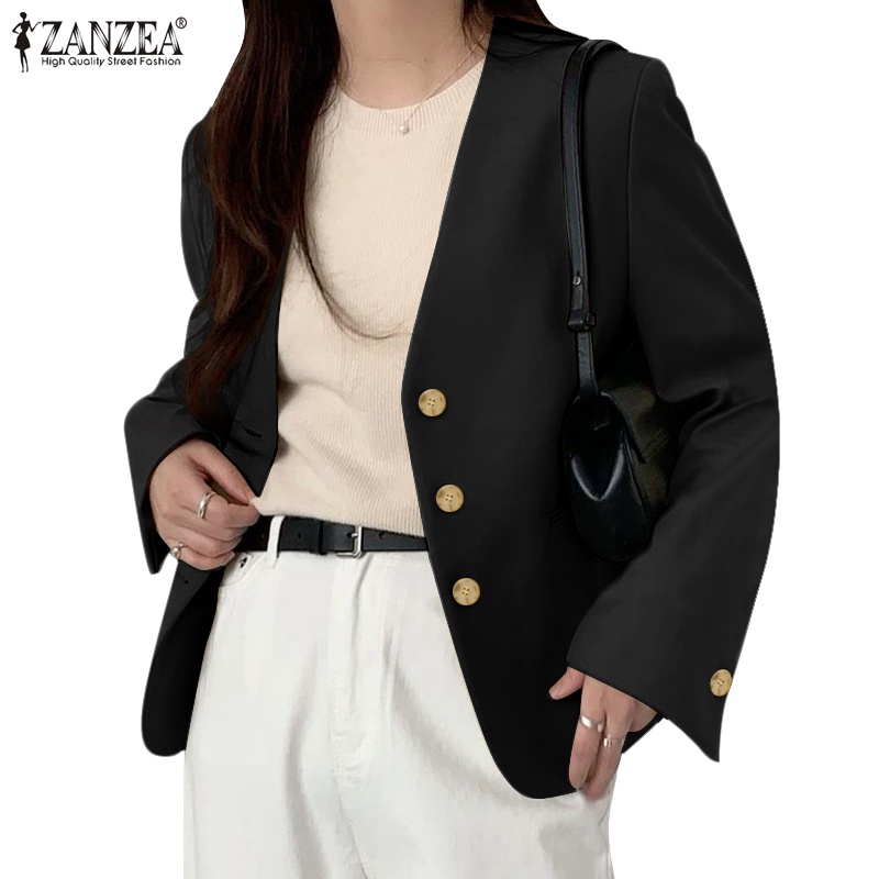 Zanzea 女式韓版時尚 V 領寬鬆口袋長袖休閒西裝外套