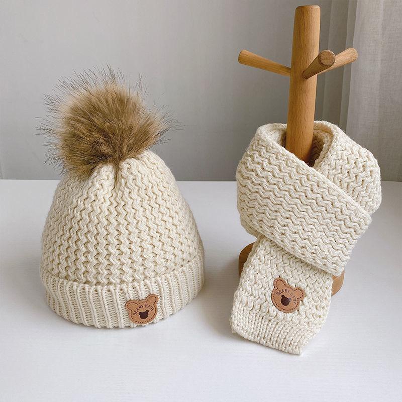 羊毛帽子 + 小熊圍巾 EST 棉質羊毛帽子,適合 1-7 歲嬰兒。