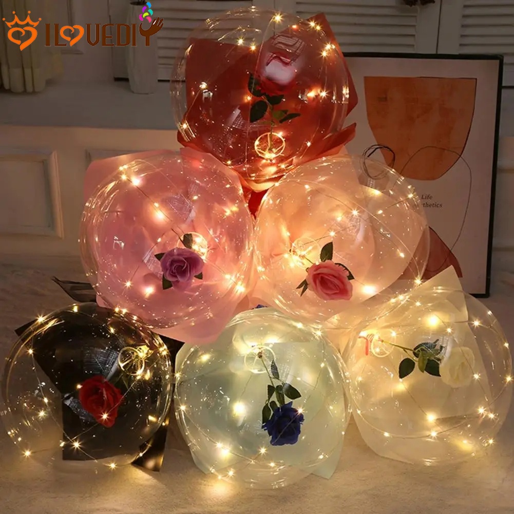 Led 玫瑰花氣球 - 浪漫婚禮情人節生日玫瑰球 - 玫瑰花束波波氣球 - 人造花束透明波波氣球套裝 - LED 發光氣