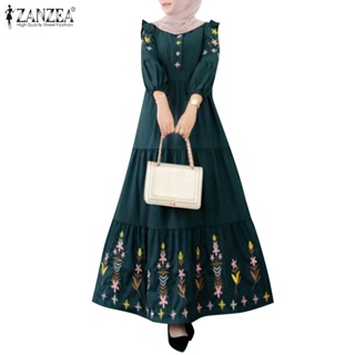 Zanzea 女士穆斯林時尚花卉印花下擺燈籠袖連衣裙