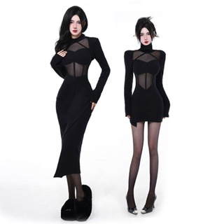 【仙女衣櫥】韓版性感黑色緊身洋裝女時尚長袖洋裝